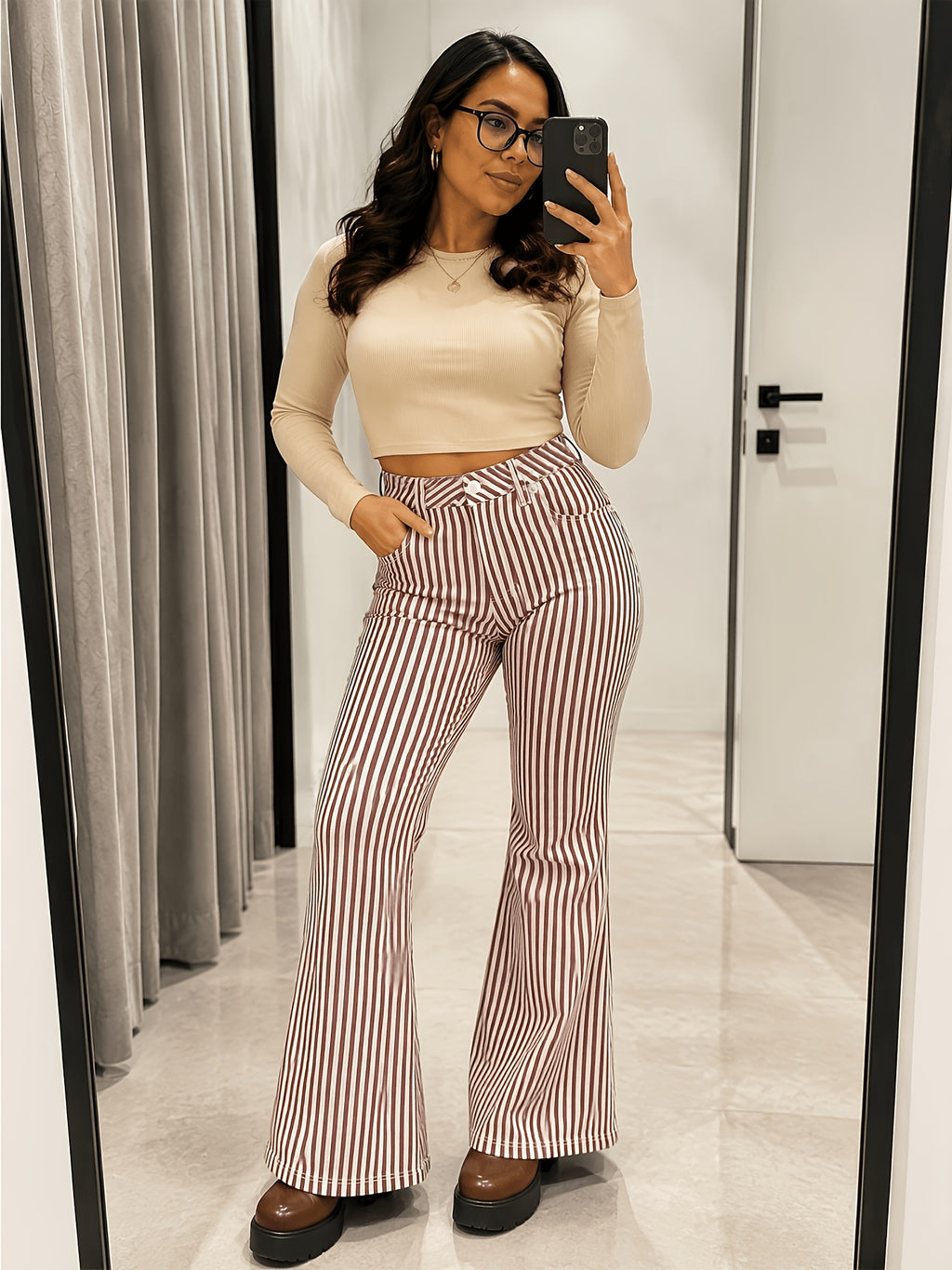 High-Waisted Women's Striped Denim Flares - Vintage Wash Stretchy Fit with Tummy Control, Stylish for Y2K Summer Vacation & Trendy Festival Outfit - Mixed colors