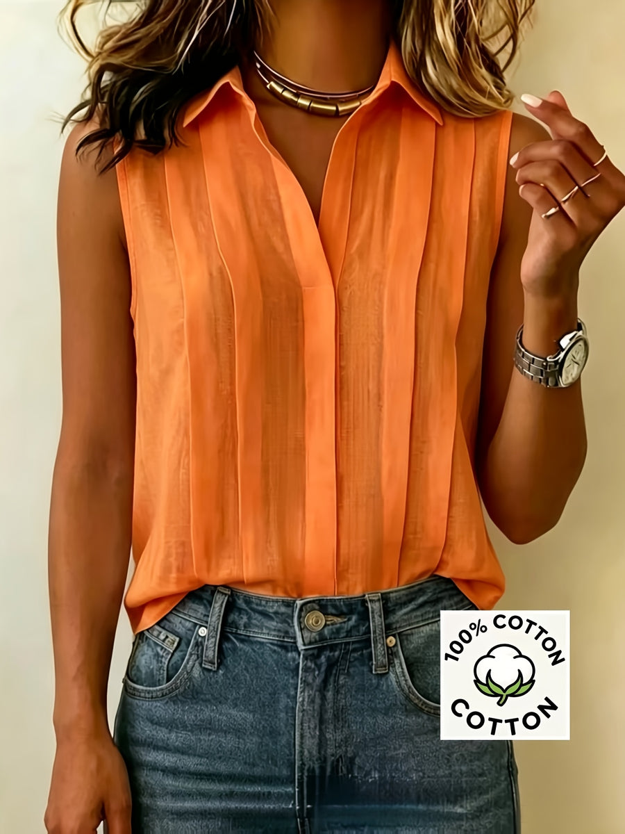 Pleated Design Statement Sleeveless Shirt, Women'S Lapel V-Neck Loose All-Match Summer Commute Top - Orange