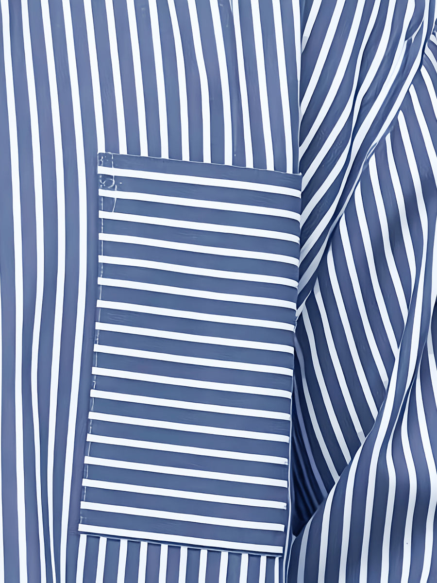 Men's Short Striped Casual Long-Sleeve Button- Shirt with Lapel, Suitable for Spring/Autumn Outings, Vacations, and Daily Wear, Men's Fashion Apparel - Navy Color