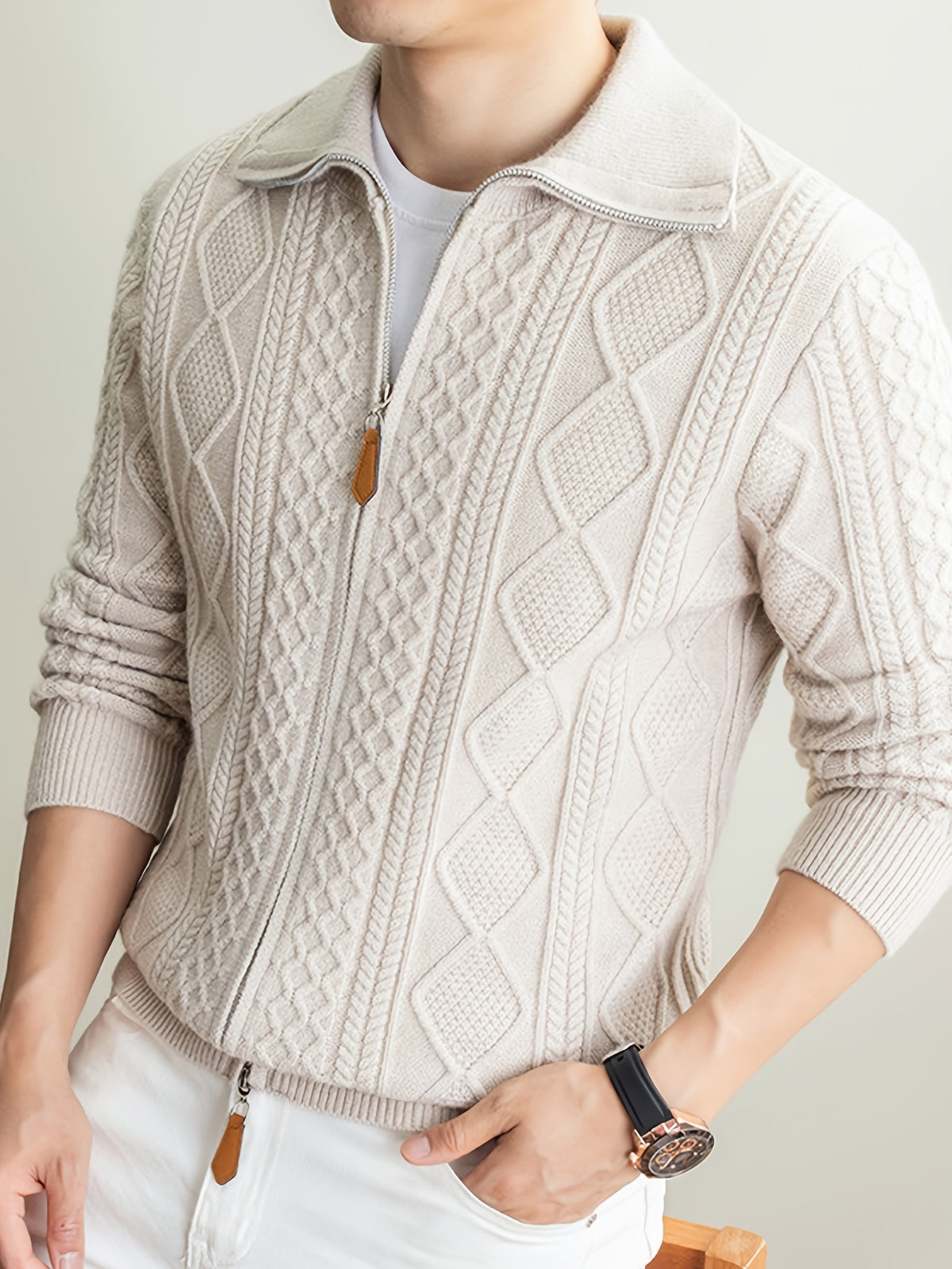 Men'S Lapel Jacquard Zipper Sweater, Casual Light Mature Style, Suitable for Commuting And Daily Outings; Can Be Worn Alone in Autumn/Winter, Also Works As a Layer Over T-Shirt - SINBOS, Knit - Apricot
