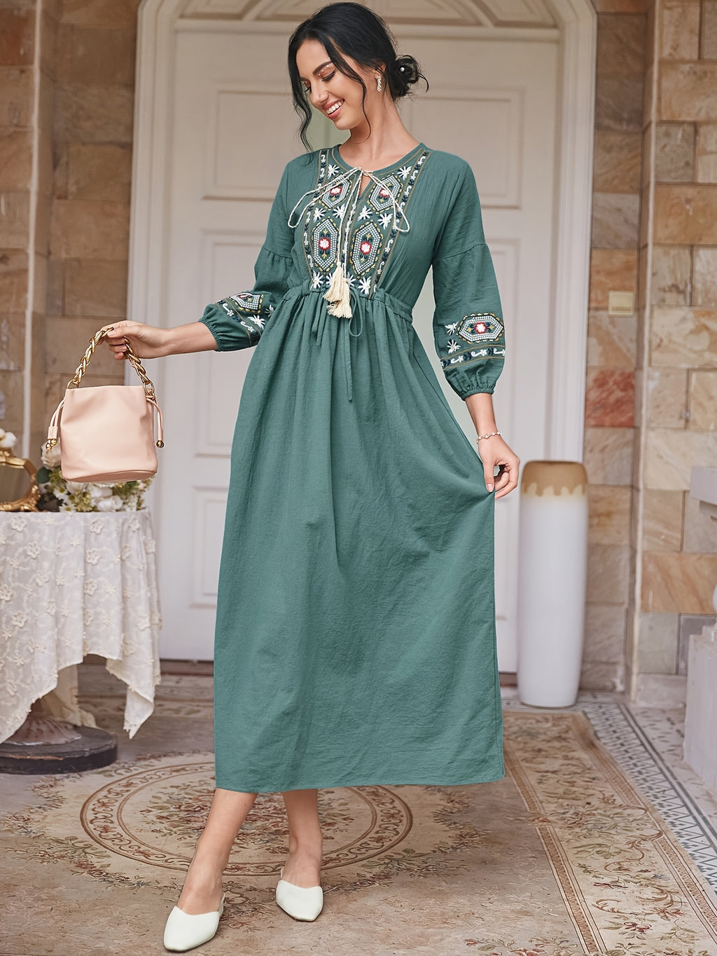 Women's Tie-Neck Floral Geometric Embroidery Drawstring Dress - Cyan