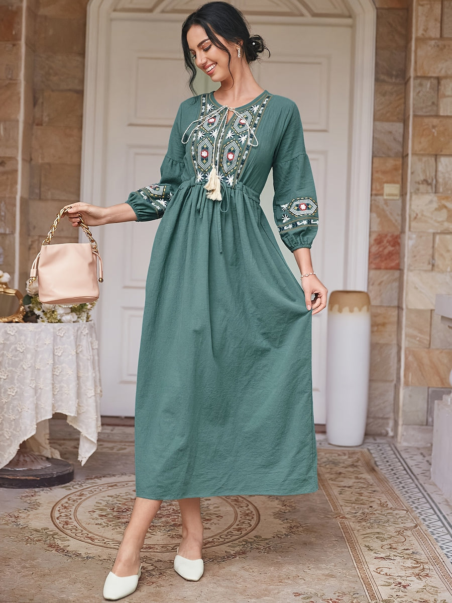 Women's Tie-Neck Floral Geometric Embroidery Drawstring Dress - Cyan