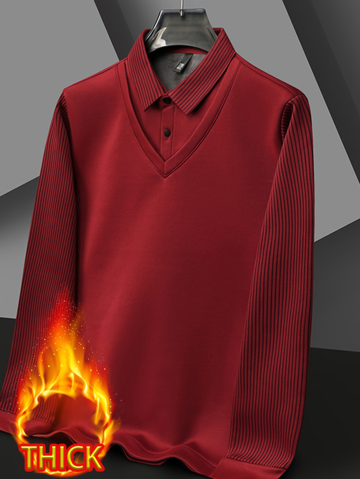 Autumn/Winter Men's 2-in-1 Look Shirt Collar Top with Striped Sleeves, Thick and Warm, Well-Fitted Cut, Versatile Pullover for Commuting - Red