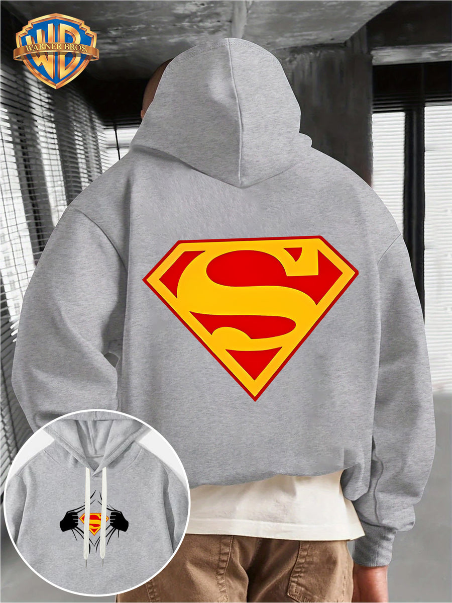WB Men's Superman 'S' Logo Hooded - Iconic WB Logo & Superman Emblem Print Hoodie, Loose-Fit Casual Pullover with Hood, Fall/Winter Warmth, Machine Washable Suitable for Fall/Winter Warmth, Iconic Superman - Light Grey