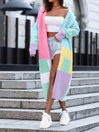 Women's Autumn/Winter Long Sleeve Color Block Patchwork Loose Fit Fashionable Commuter Outfit, Age-Reducing Versatile Cardigan Sweater with Pockets, Long Coat, Niannian - Mixed colors