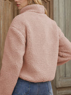 Applique Contrast Trim Zipper Cardigan Casual Plush Jacket - Pink Color