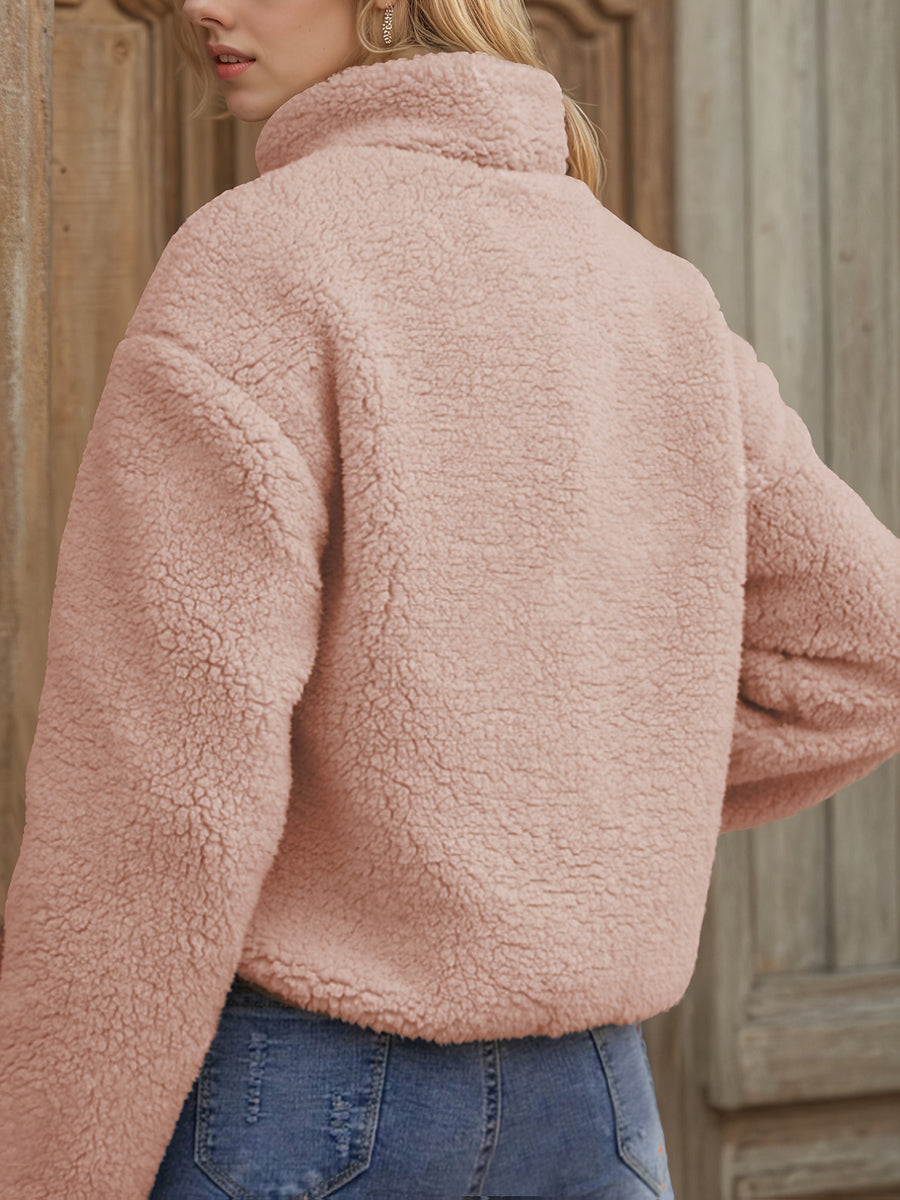 Applique Contrast Trim Zipper Cardigan Casual Plush Jacket - Pink Color