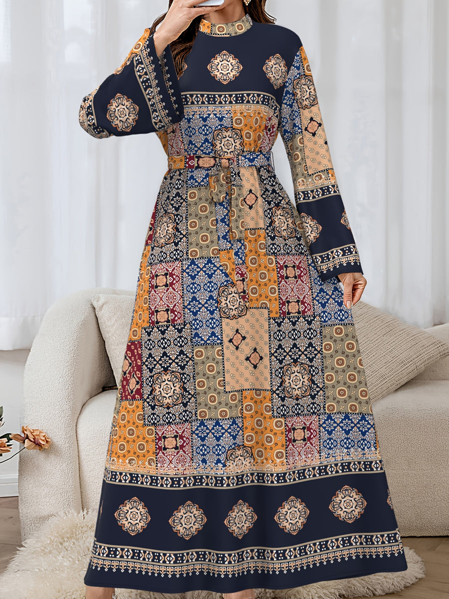 Elegant Long-Sleeved Dress for Women, Featuring a Middle Eastern Style, with a Belt, Made of Fabric, And Machine Washable - Multicolor