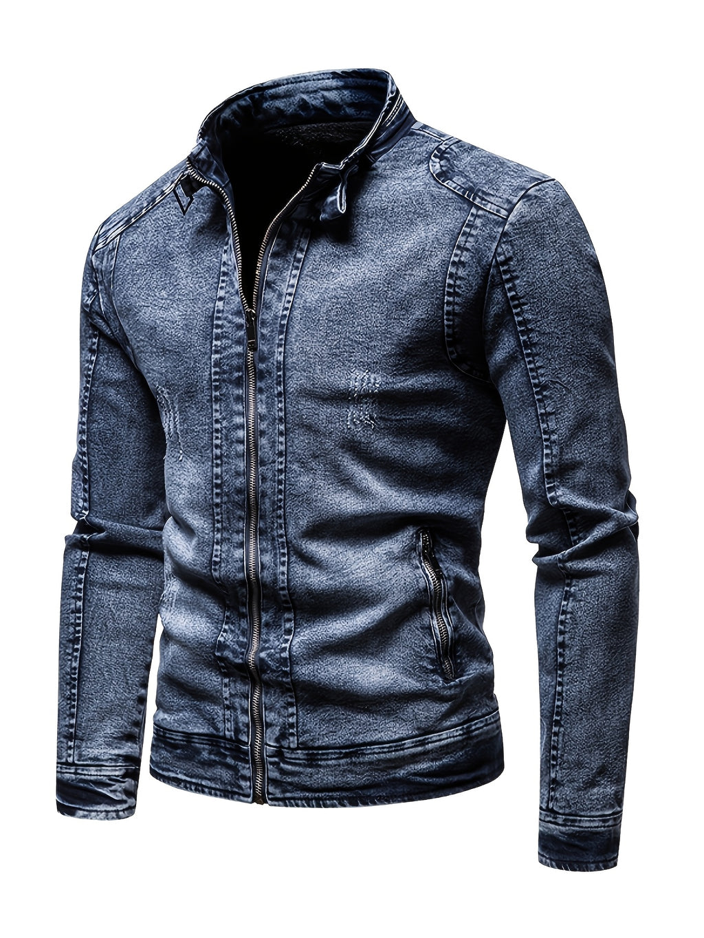 2026 New Style Motorcycle Jacket, Washed Tie-dye Denim Jacket, Men's Spring and Autumn Fashionable and Trendy, Versatile Korean Style Short Street Casual Motorcycle Denim Top - Blue