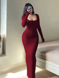 Tight Ultra-Long Women'S Autumn Long Sleeve Square Neck A-Line Sexy Bodycon Dress - Burgundy