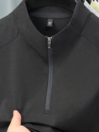 Men'S Summer Top T-Shirt, Half-Zipper Stand-Up Collar Design, Casual And Light Business Style, Adjustable Collar with Zipper, Balancing Ventilation And Styling; Mesh Shoulder Panel for Enhanced Breathability - Black