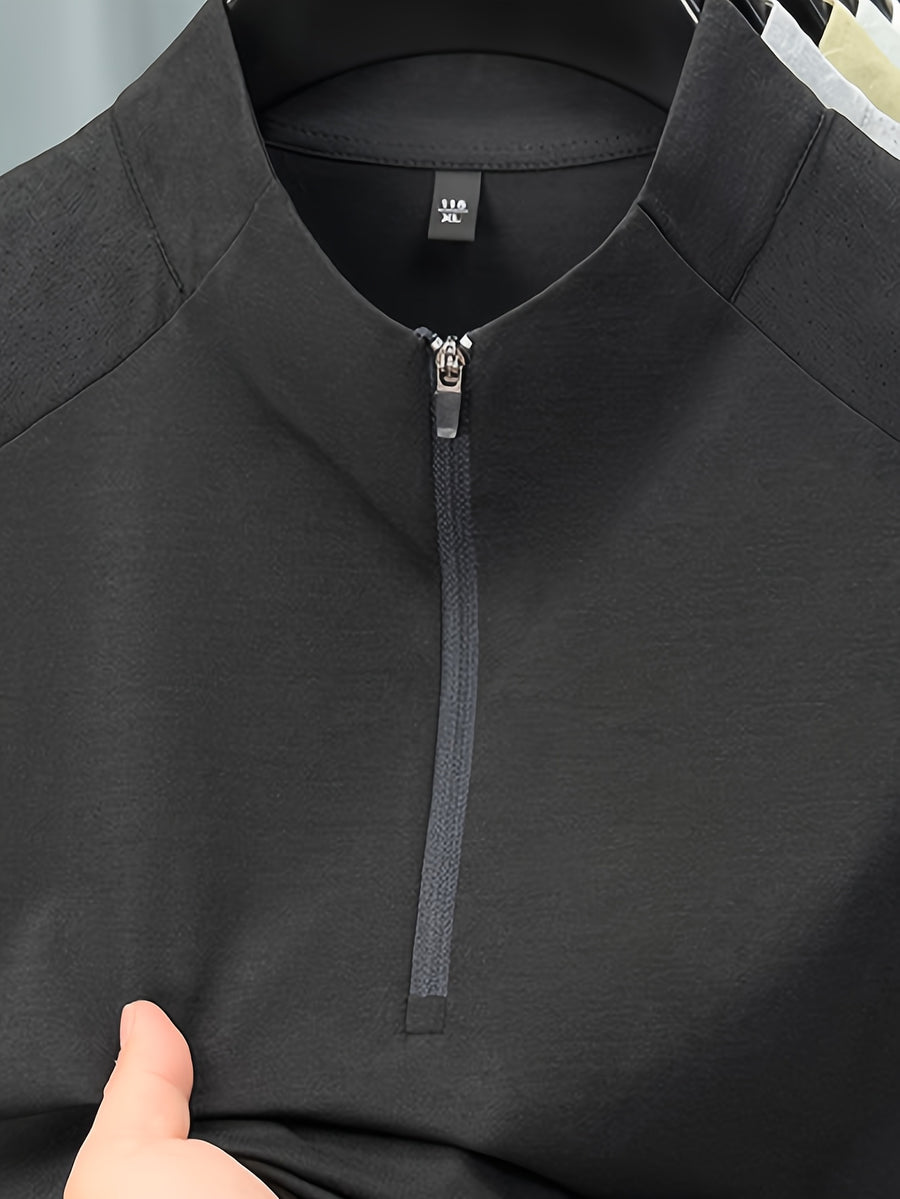Men'S Summer Top T-Shirt, Half-Zipper Stand-Up Collar Design, Casual And Light Business Style, Adjustable Collar with Zipper, Balancing Ventilation And Styling; Mesh Shoulder Panel for Enhanced Breathability - Black