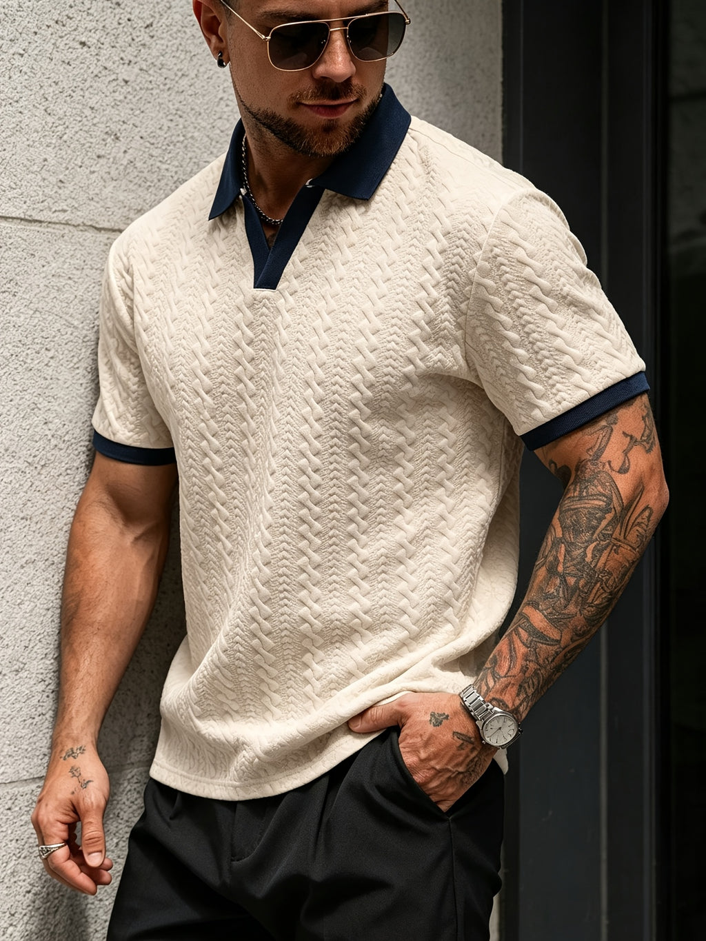 Men's Color-Block Short-Sleeve Casual Commuter Polo Shirt, Men's Knit Polo Shirt, Cream-Colored Polo Shirt, Men's V-Neck Knitwear, Men's Short-Sleeve Sweater, Polo, Men's Textured Polo Shirt, Old Money Style - Khaki