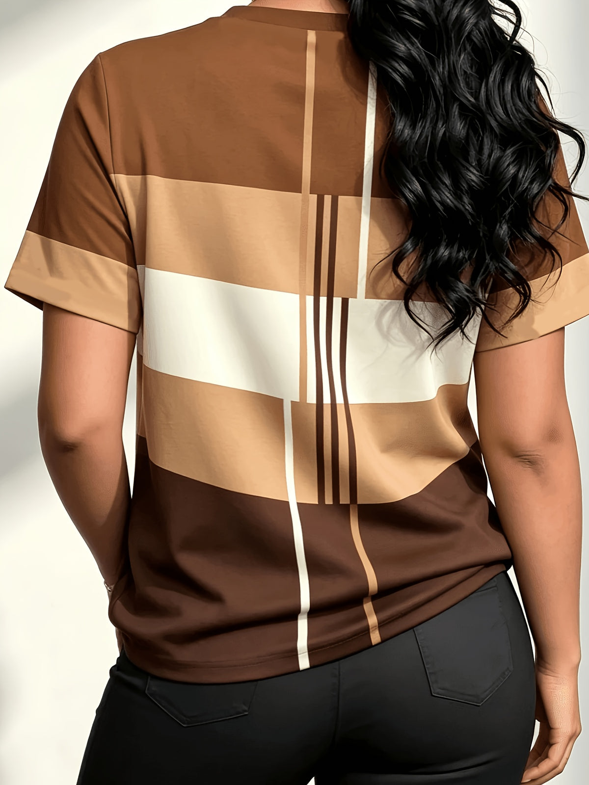 Women'S Summer Fashion Round Neck T-Shirt with Textured Geometric Short Sleeves, Color Block, Line Pattern, Vintage Style Casual Top - Multicolor 4