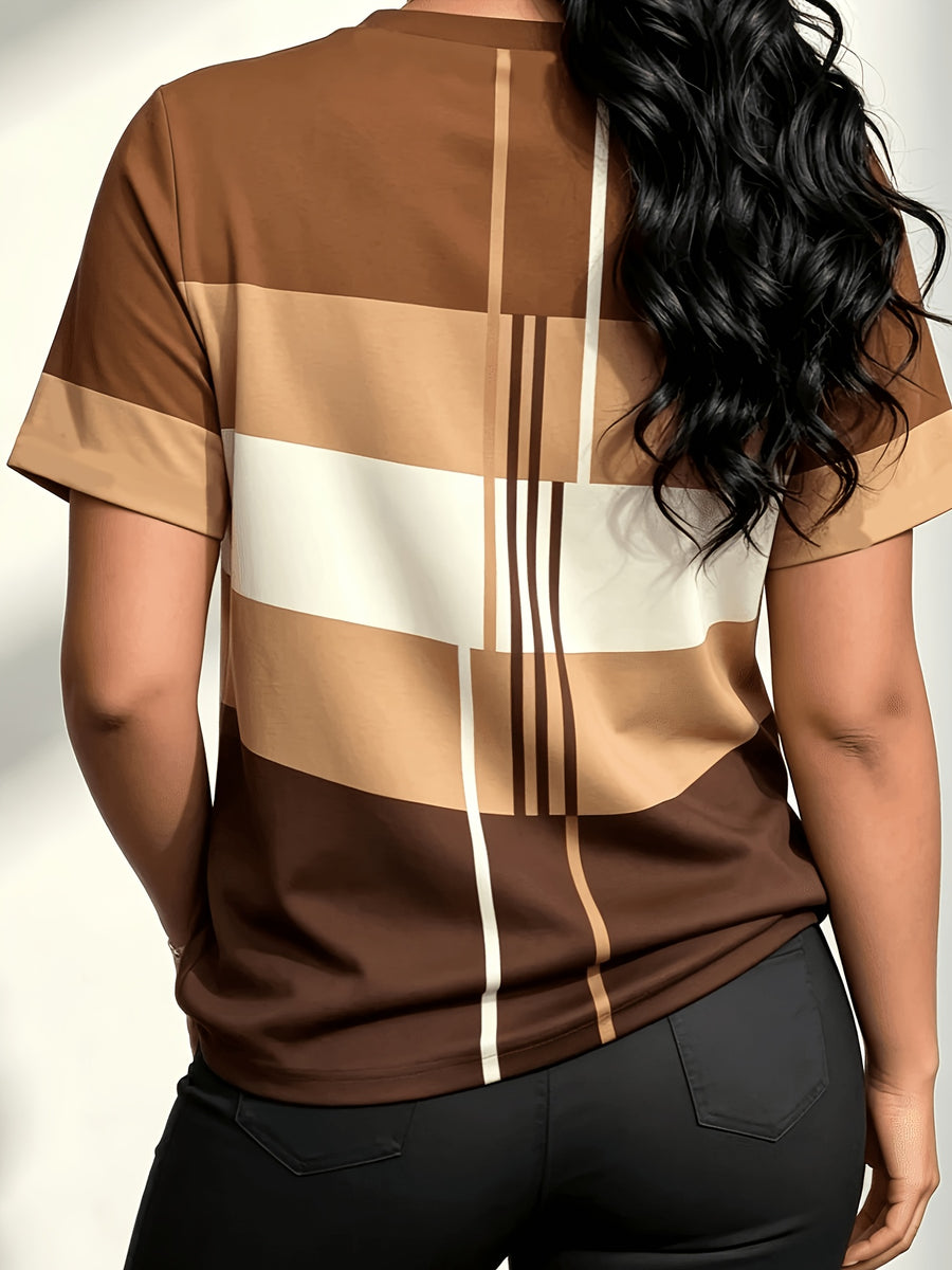 Women'S Summer Fashion Round Neck T-Shirt with Textured Geometric Short Sleeves, Color Block, Line Pattern, Vintage Style Casual Top - Multicolor 4
