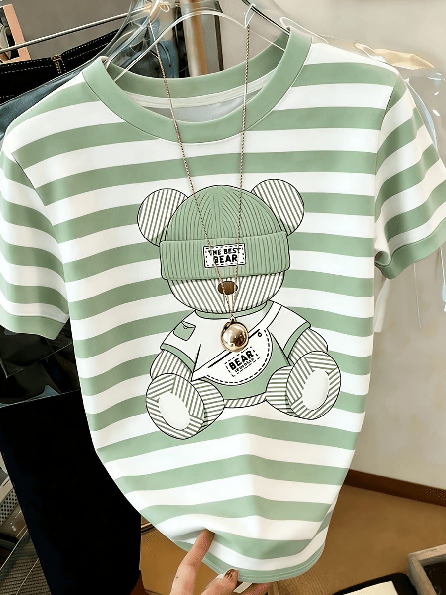 Printed Design – Not Textured: Women's Casual Striped Bear Print Crew Neck T-Shirt, the Perfect Summer Gift for Women - Mixed Color 1