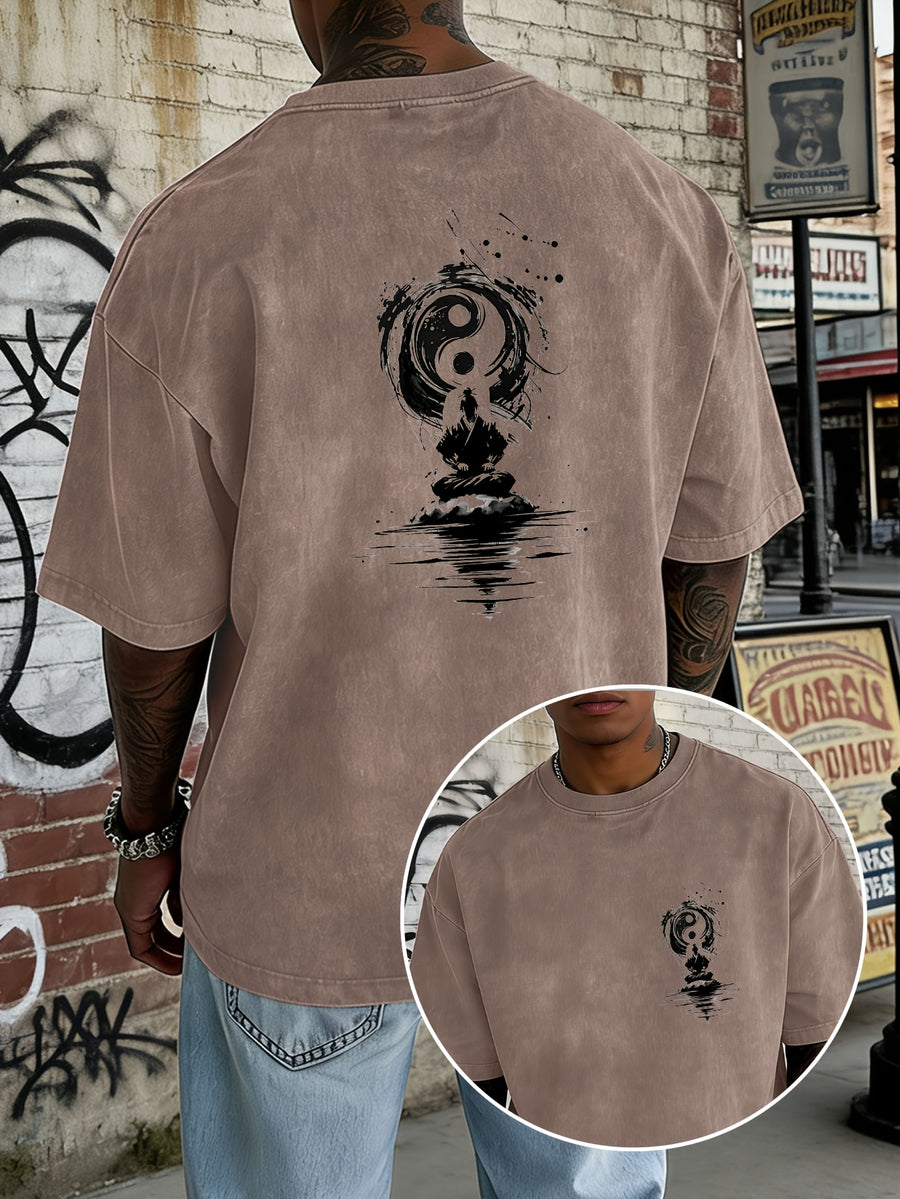 Washed and Distressed Pure Cotton Short-sleeve T-shirt with Trendy Double-sided Print Featuring Tai Chi, Zen, and Meditating Ink Wash Art. Available in 12 Colors for Mix-and-match Styling. Loose-fit Men's Top in High Street Y2K Style - Brown