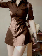 Waist- And Single-Breasted Solid Color Shirt Dress, Suitable for Dating And Commuting - Coffee Brown