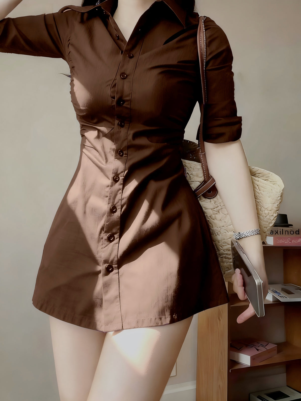 Waist- And Single-Breasted Solid Color Shirt Dress, Suitable for Dating And Commuting - Coffee Brown
