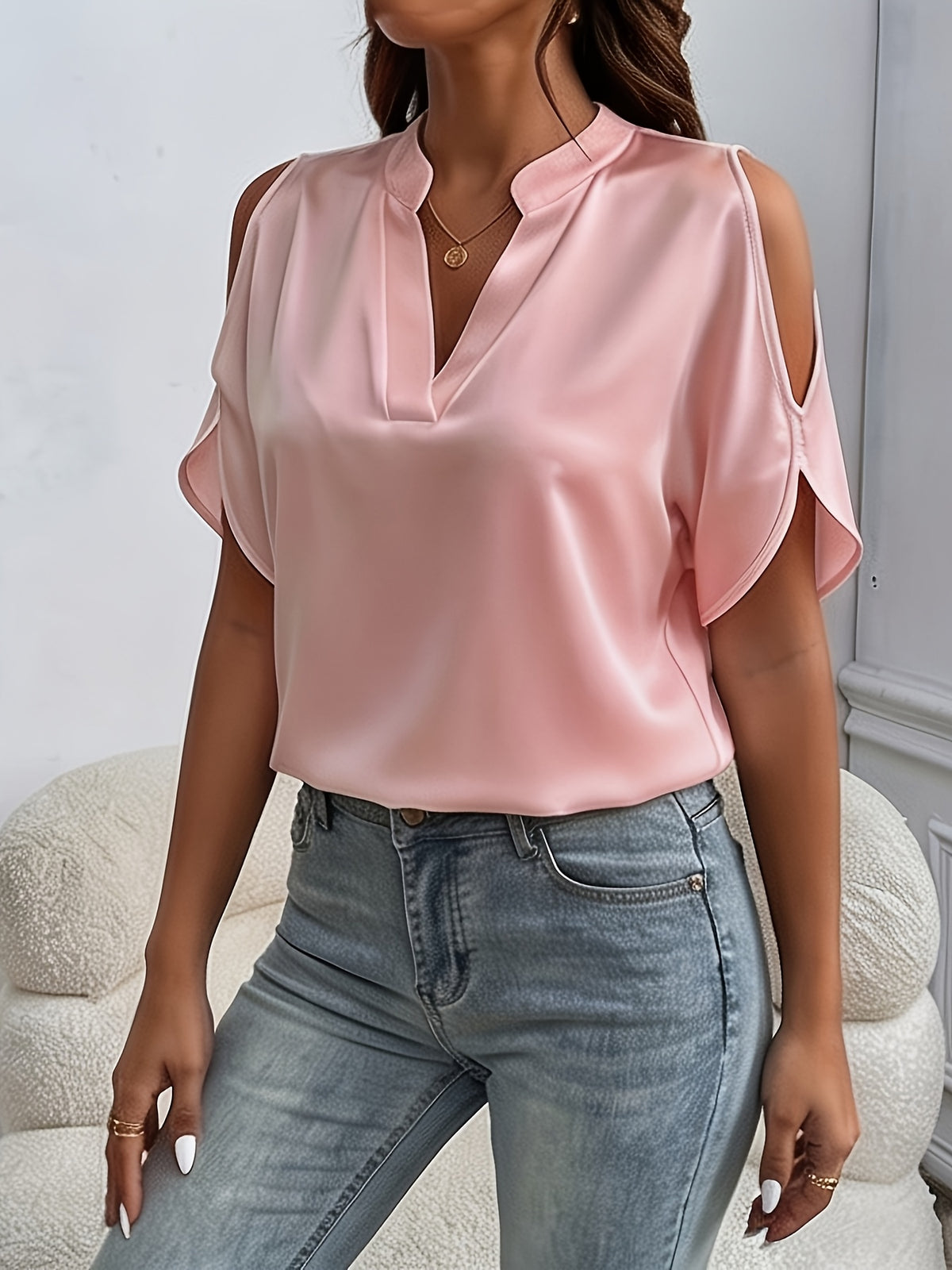 Women'S Chic Stand Collar V-Neck Cold Shoulder Short Sleeve Top - Satin Texture, Ideal for Mother'S Day & Independence Day Commute, Suitable for Spring & Summer Casual & Date Looks, Luxury Style Outfit - Pink