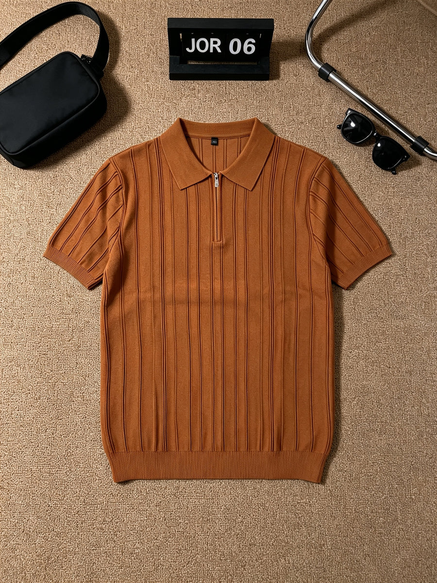 Elegant Half Zip Vertical Rib Knit Polo Shirt for Men, Lightweight Cool Collared Short Sleeve Top, Stretch Versatile Casual Blouse for Daily Multi-scene Outfits - Chocolate