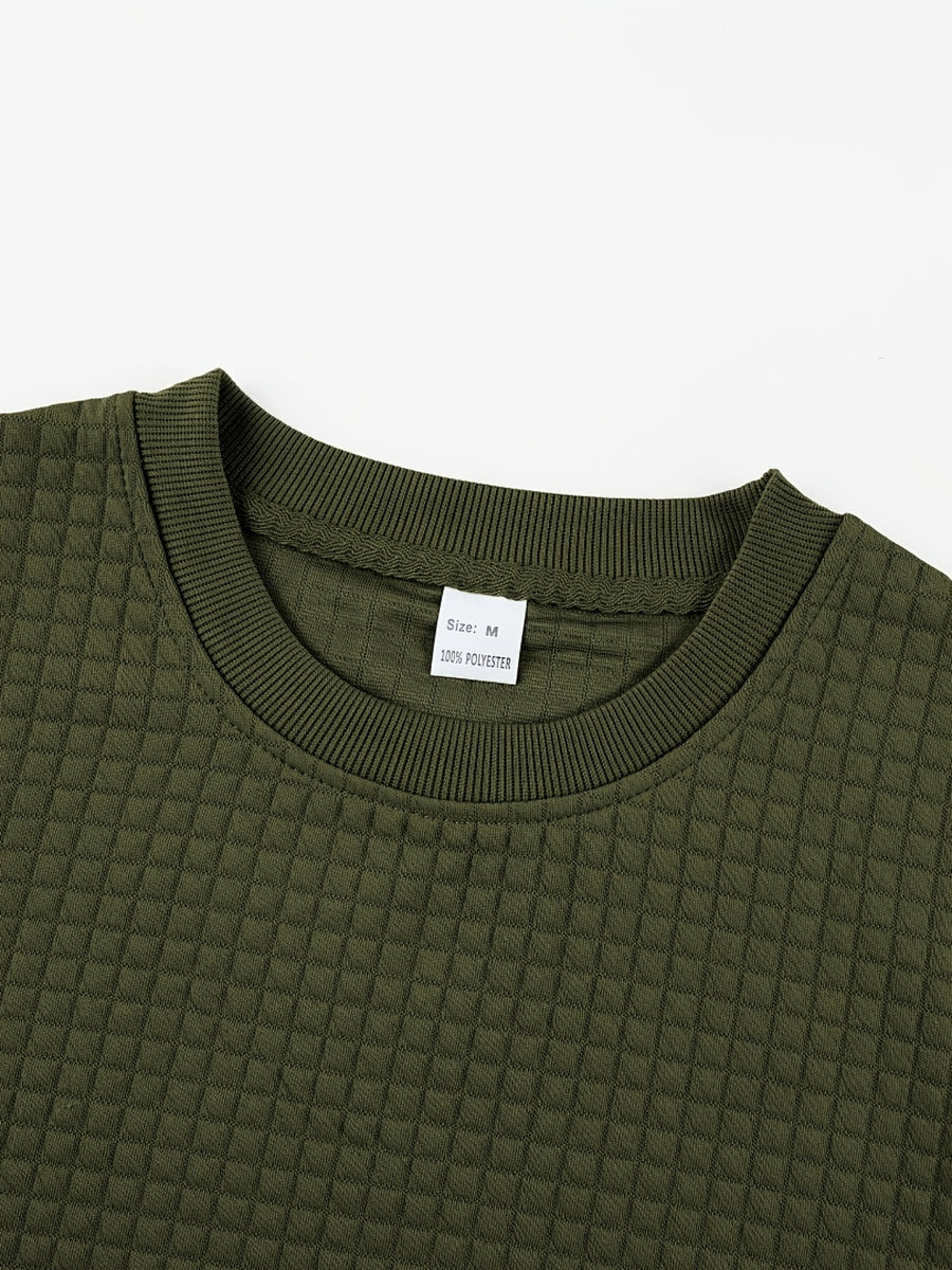 Men'S Waffle Knit Sweatshirt, Crew Neck Long Sleeve Pullover, Textured Grid Fabric, Casual Outdoor Hiking Ski Travel Camping Workout Training Streetwear Fashion Daily Wear Relaxed Fit Winter Autumn Clothing, Navy Blue - Military Green