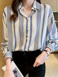 Fashion Casual Vacation Striped Daily Commute Printed Button-Up Long Sleeve Shirt Women'S Clothing - Blue