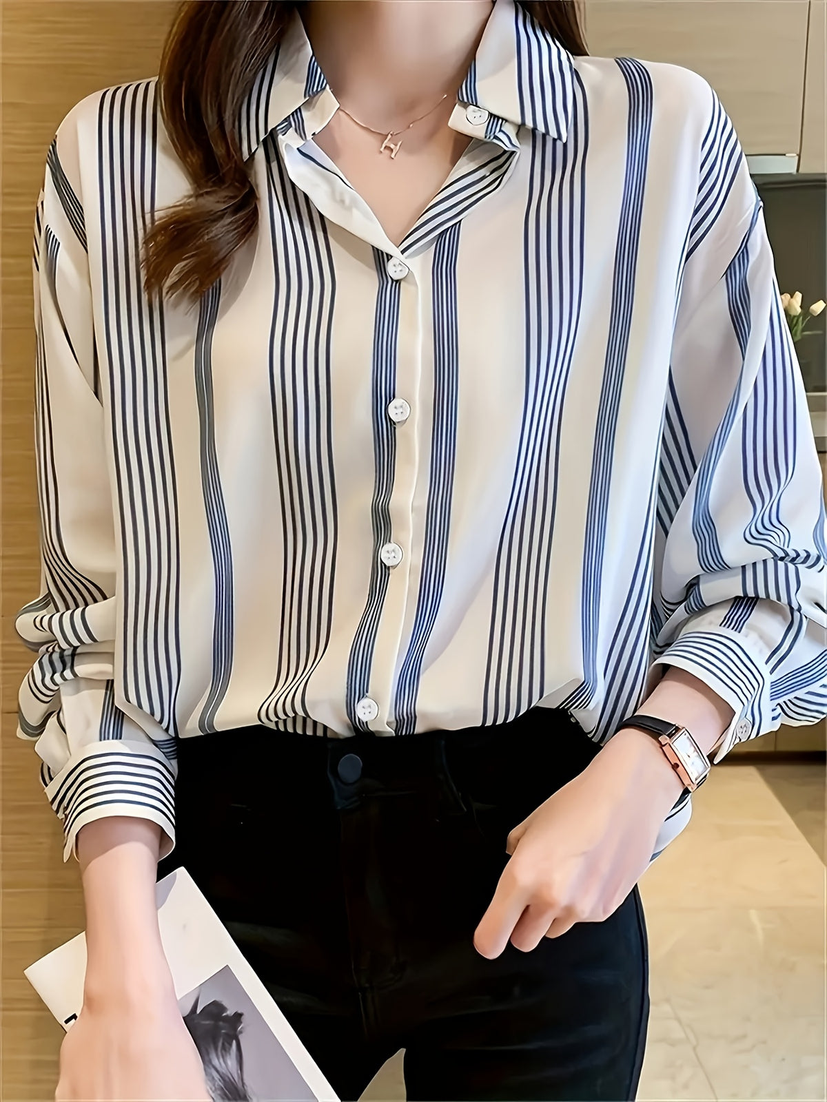 Fashion Casual Vacation Striped Daily Commute Printed Button-Up Long Sleeve Shirt Women'S Clothing - Blue
