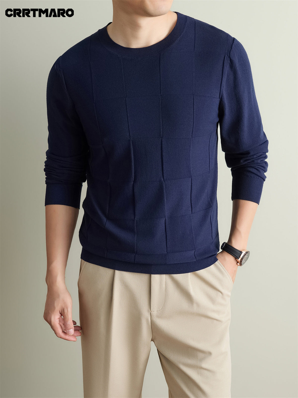 Men's CRRTMARO Textured Check Sweater - Warm Crew Neck Pullover Sweater Suitable for Fall & Winter, Casual Layering Top with Solid Color Base, Regular Fit Sweater for Office, -Casual Wear (Hand Washable) - Shangqing