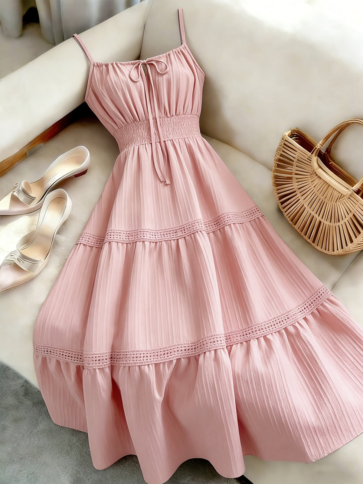 Dress, Lace Detail, Elegant Design, Suitable for Beach, Vacation, And Casual Wear - Pink