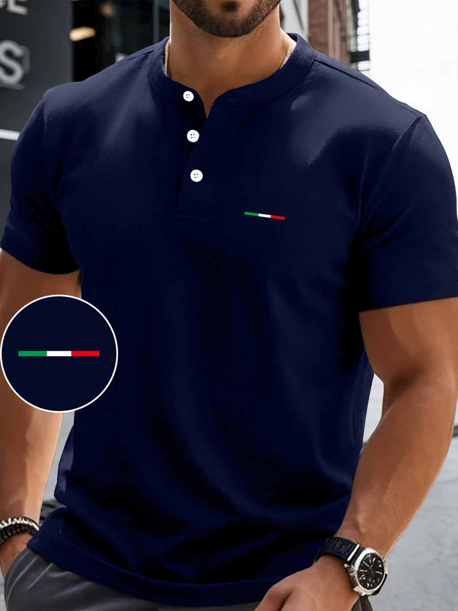 Men's Summer Short-Sleeve Henry Button-Front Shirt - Breathable Round Neck T-Shirt Suitable for Outdoor & Daily Wear, Casual Button Collar Blouse Style Top, Machine Washable Regular Fit for Warm Weather Wardrobe - Navy Color