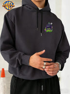 Warner Bros. JOKER Purple-Green Color Block Graffiti Art Font Spray-Painted Background Plaid Workwear Style Sneakers with Paint Drip Cool Print Men's Fashion Hooded Sweatshirt, Sleeve Print Design, Kangaroo Pocket, Drawstring Hood, Suitable for Daily - Dark Gray