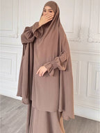 Abaya Middle Eastern Islamic Clothing Loose Comfortable Robe Headscarf with Long Sleeve Dress Two-Piece Set P403 - Camel