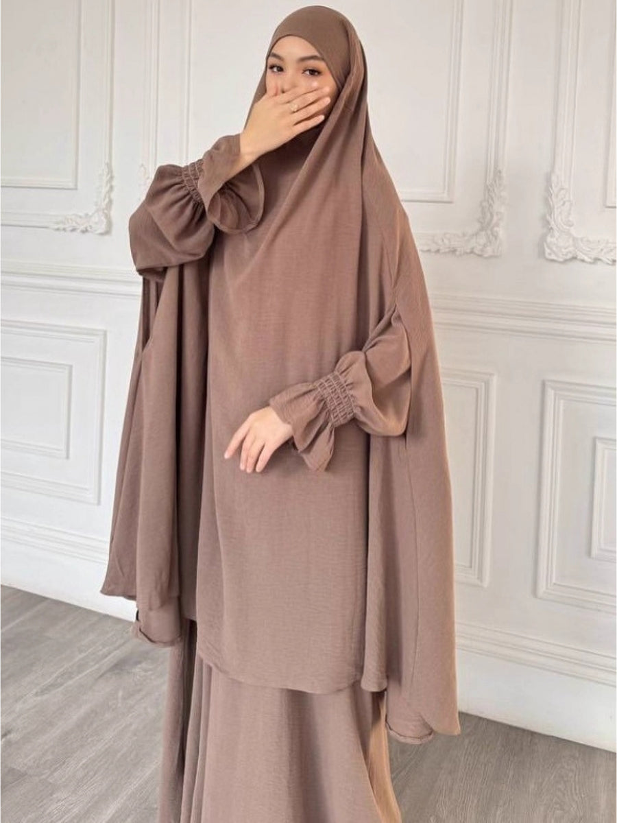 Abaya Middle Eastern Islamic Clothing Loose Comfortable Robe Headscarf with Long Sleeve Dress Two-Piece Set P403 - Camel