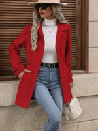 Elegant Women's Fashion Tweed Coat, Stylish Waist-Cinching Mid-Length Solid Color New Autumn/Winter Overcoat - Red