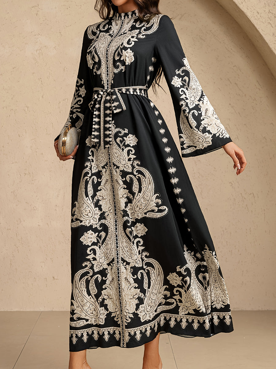 Evening Temperament Printed Dress for Women, Summer Tie-Up Bow Long Dress, for Wedding Guests - Black