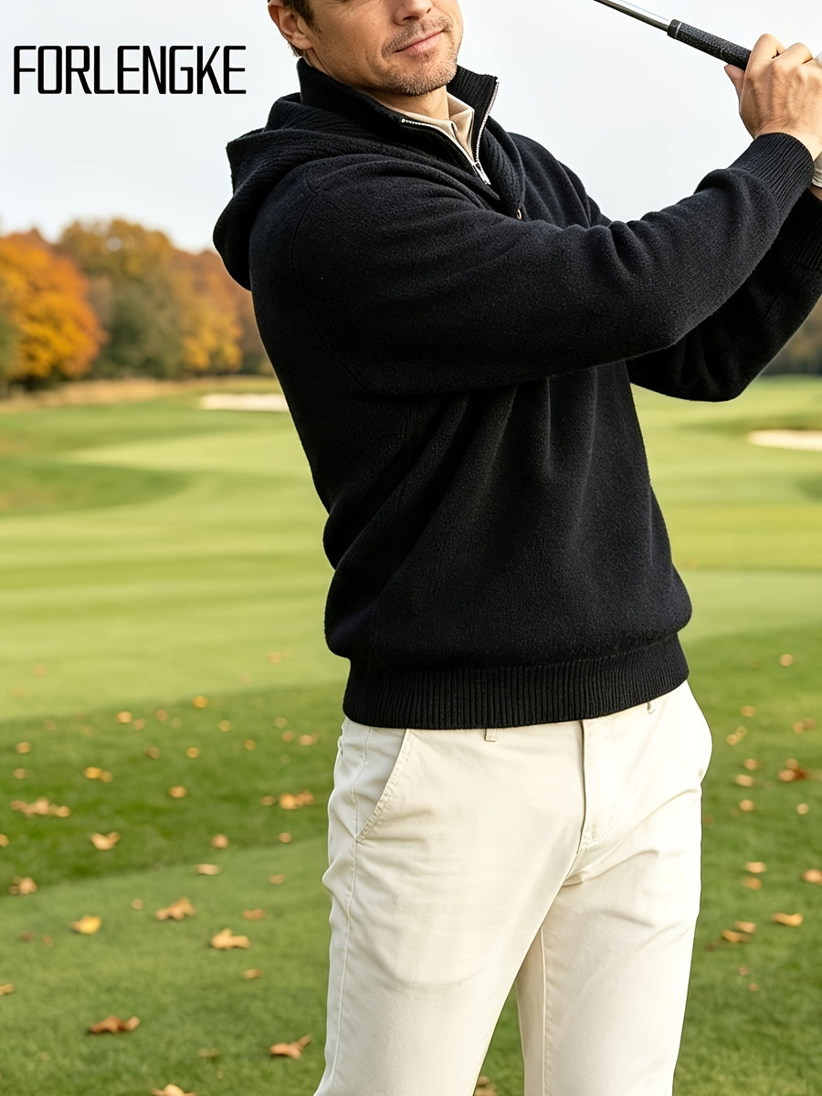 FORLENGKE Men'S Intercity Lightweight Travel Wind Hooded Double Placket Knit Top, Zipper Button-Up Dual Adjustable Style Flexible, Autumn Winter Short Distance Travel Self-Driving Roaming Golf Sports Outdoor Camping Casual Outerwear Top - Black