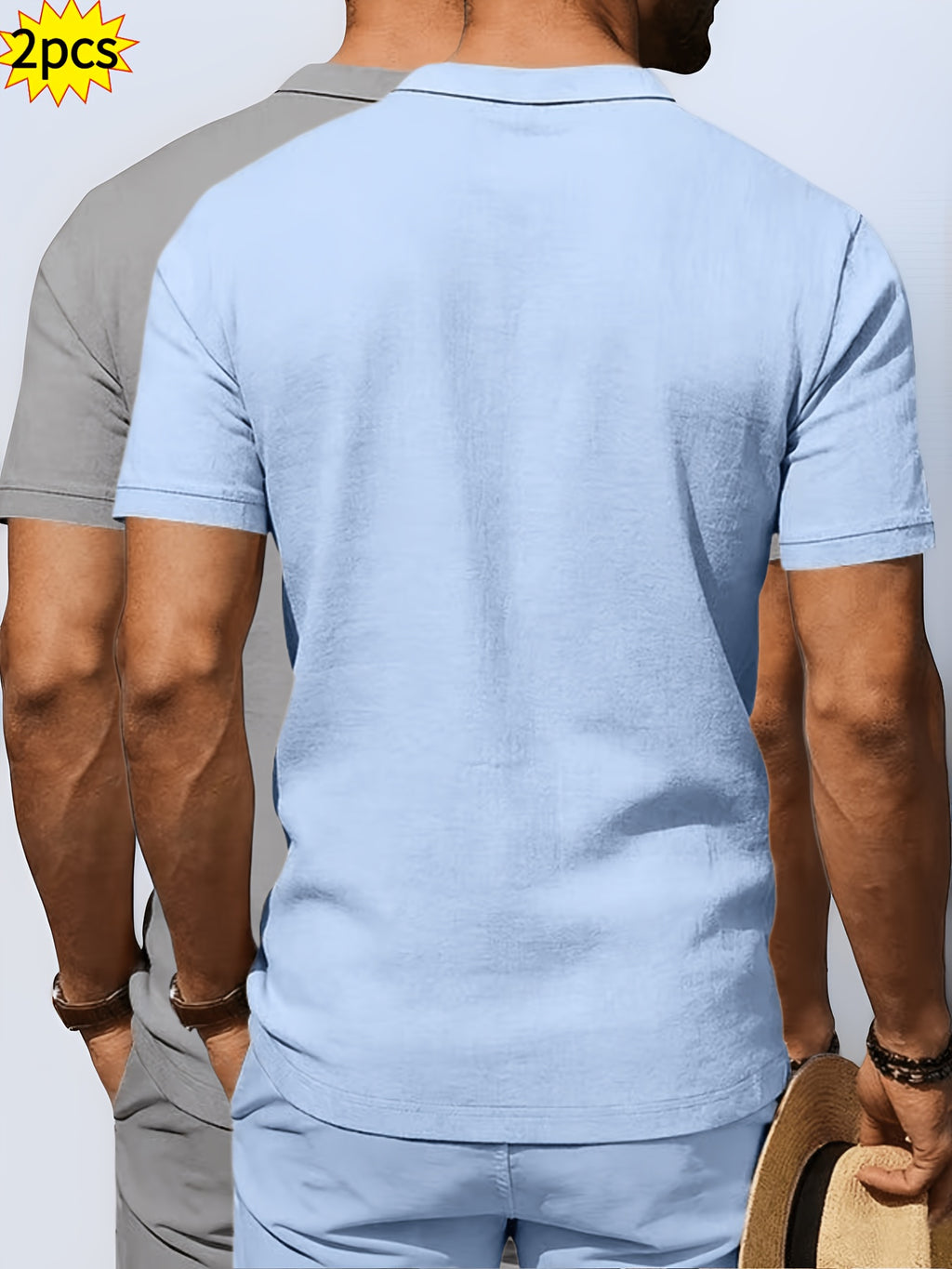 2pcs Summer Cooling Linen Polo Shirt Set, Men'S Breathable Solid Casual Shirts - Sky Blue+Grey