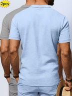 2pcs Summer Cooling Linen Polo Shirt Set, Men'S Breathable Solid Casual Shirts - Sky Blue+Grey
