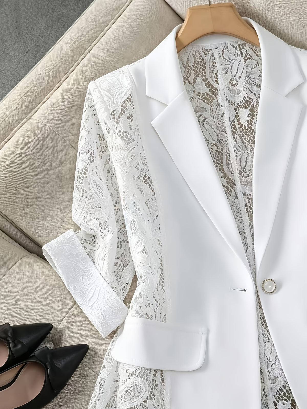 Women'S Thin Patchwork Lace Lightweight Suit Design Casual Temperament Three-Quarter Sleeve Casual Lapel Suit Top - White