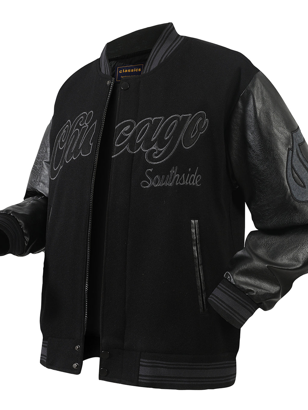 Men's Varsity Jacket Casual, Fashionable, Black Zip High-end Embroidered Baseball Jacket, Splicing PU Long Sleeves College Coat Hip Hop Street Style Pocket Sportswear - Black