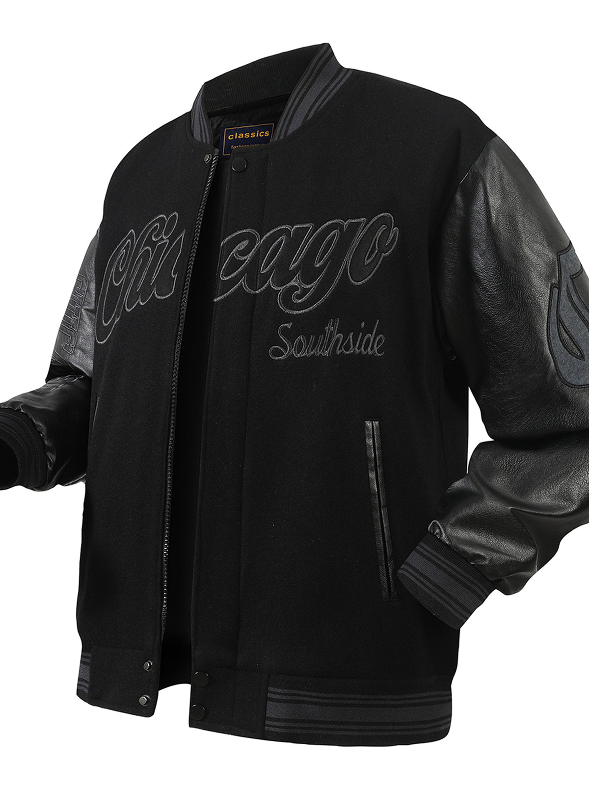 Men's Varsity Jacket Casual, Fashionable, Black Zip High-end Embroidered Baseball Jacket, Splicing PU Long Sleeves College Coat Hip Hop Street Style Pocket Sportswear - Black