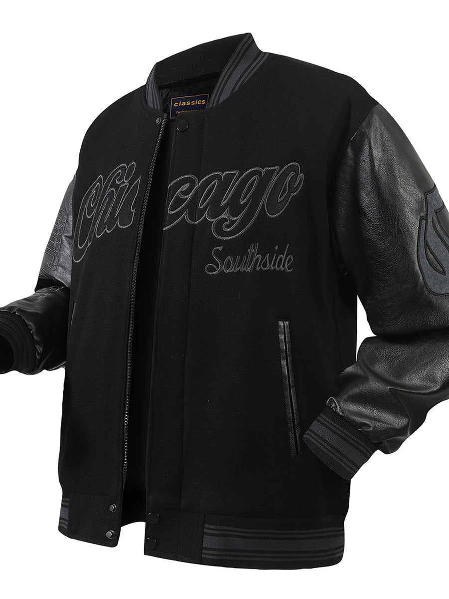 Men's Varsity Jacket Casual, Fashionable, Black Zip High-end Embroidered Baseball Jacket, Splicing PU Long Sleeves College Coat Hip Hop Street Style Pocket Sportswear - Black