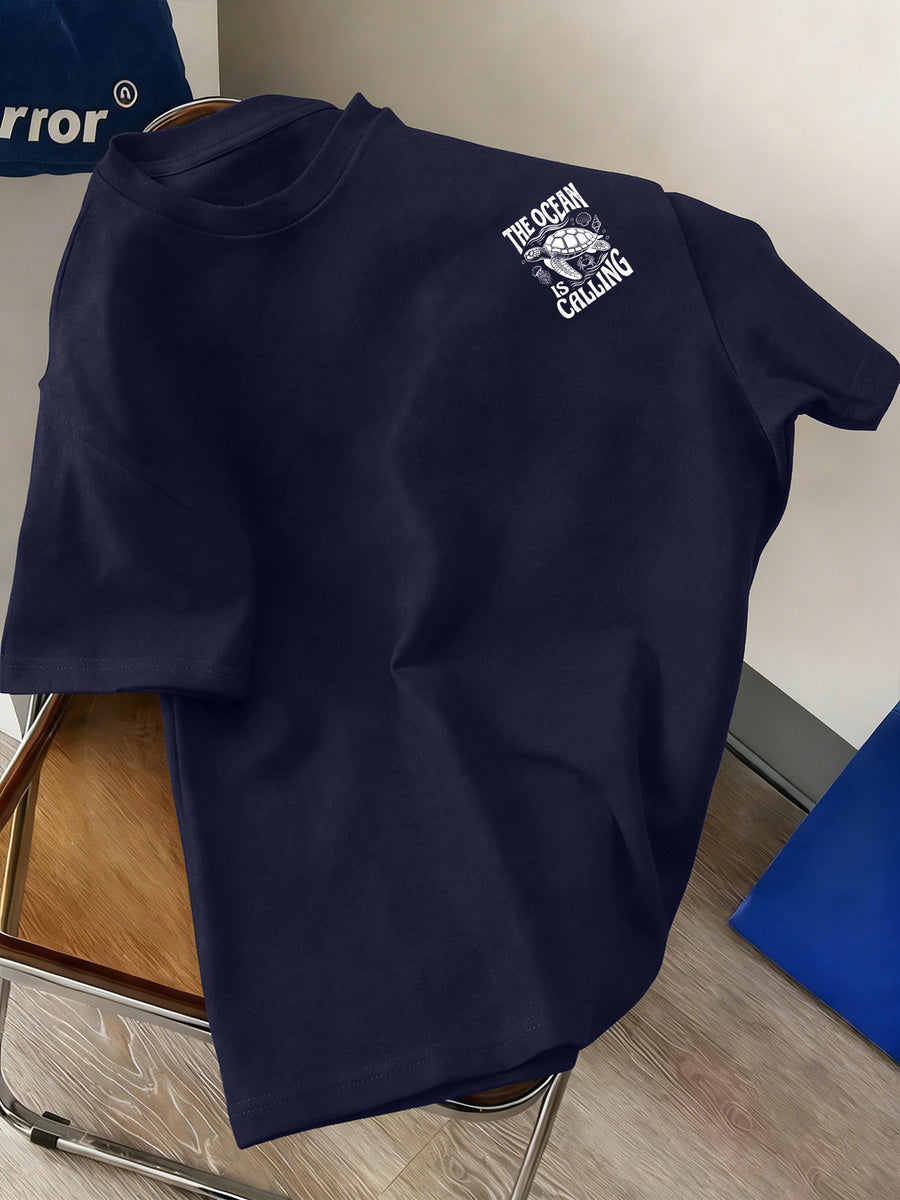 Men's New Style Pure Cotton Short Sleeve Crew Neck T-Shirt with "Ocean Call" Print, Suitable for Vacation, Leisure, Comfortable, Soft, Breathable, Summer Essential - Navy Color