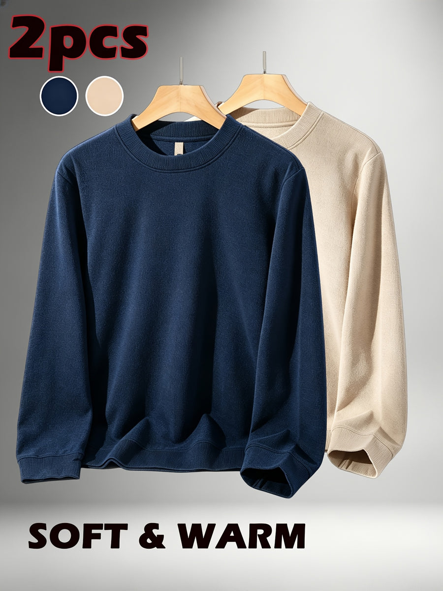 2pcs Set, Men'S Round Neck Knit Easy Long Sleeve Sweatshirt, Suitable for Daily Commute And Work, Home Leisure, Shopping Outings, Layering, Autumn And Winter - Navy Blue+Khaki