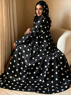 1 Set Heart Print Satin Abaya Set With, Elegant Flare Maxi Open Abaya for Women - Black