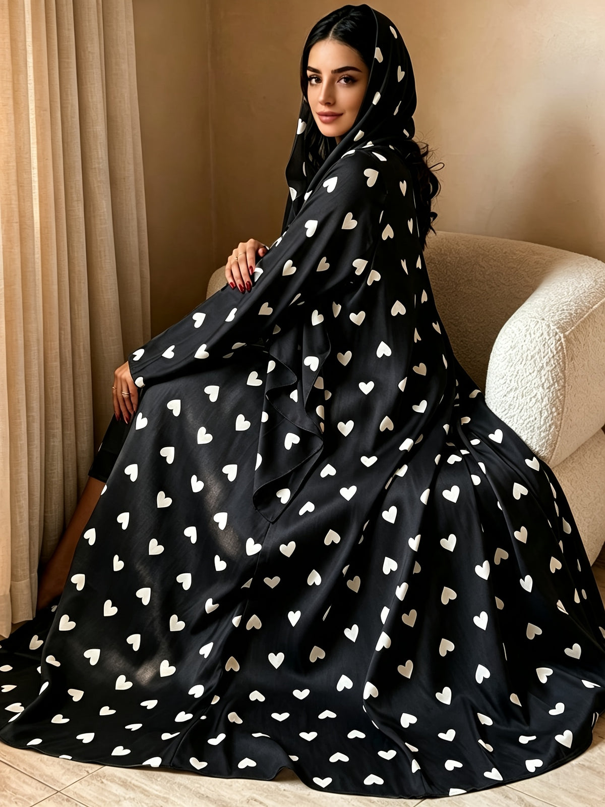 1 Set Heart Print Satin Abaya Set With, Elegant Flare Maxi Open Abaya for Women - Black