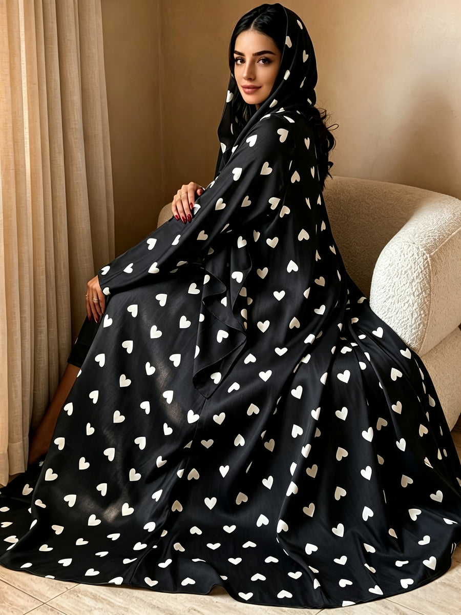 1 Set Heart Print Satin Abaya Set With, Elegant Flare Maxi Open Abaya for Women - Black