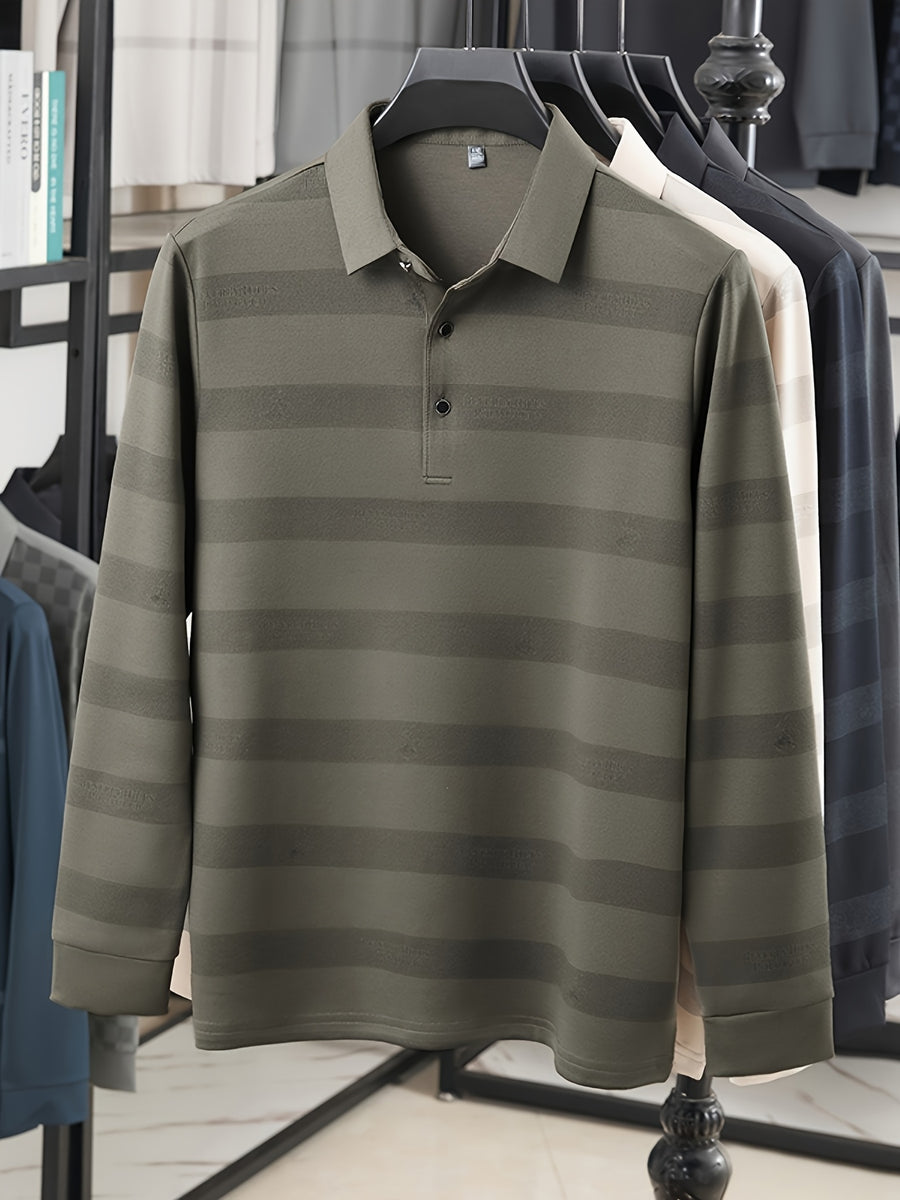 Multi-Color Striped Polo Shirt for Men, Micro-Velvet Long Sleeve Polo, Button-Up Collar 3-Button Pullover Top, Smooth Soft Skin-Friendly Fabric, Business Commute Travel Top, Fishing Home Daily Loose Casual Men'S Clothing - New Brown