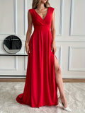 High-End Ins Wide Shoulder Strap Back Hollow-Out Dark Red Maxi Dress Elegant Evening Gown - Red